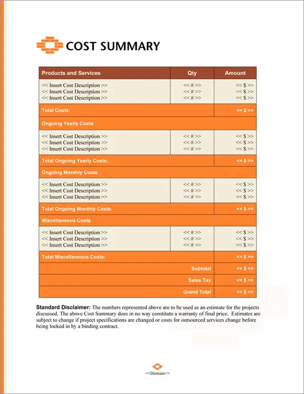 Proposal Pack Construction #8 Cost Summary Page