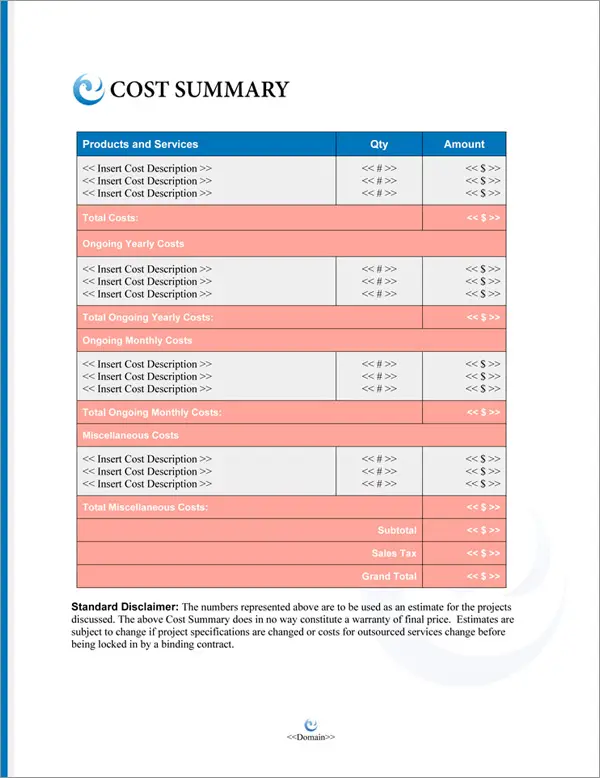 Proposal Pack Elegant #5 Cost Summary Page