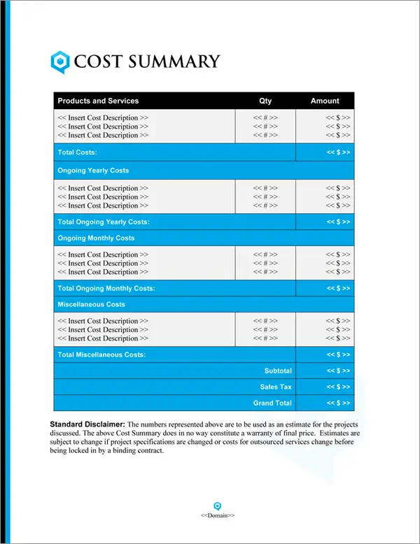 Proposal Pack Contemporary #19 Cost Summary Page