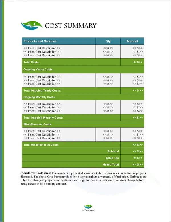 Proposal Pack Aqua #7 Cost Summary Page