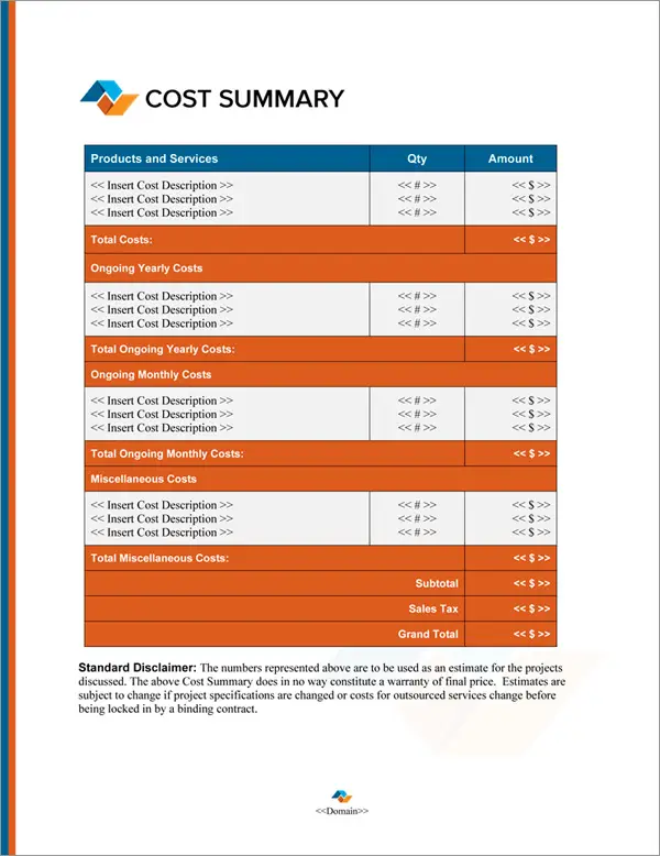 Proposal Pack Business #23 Cost Summary Page