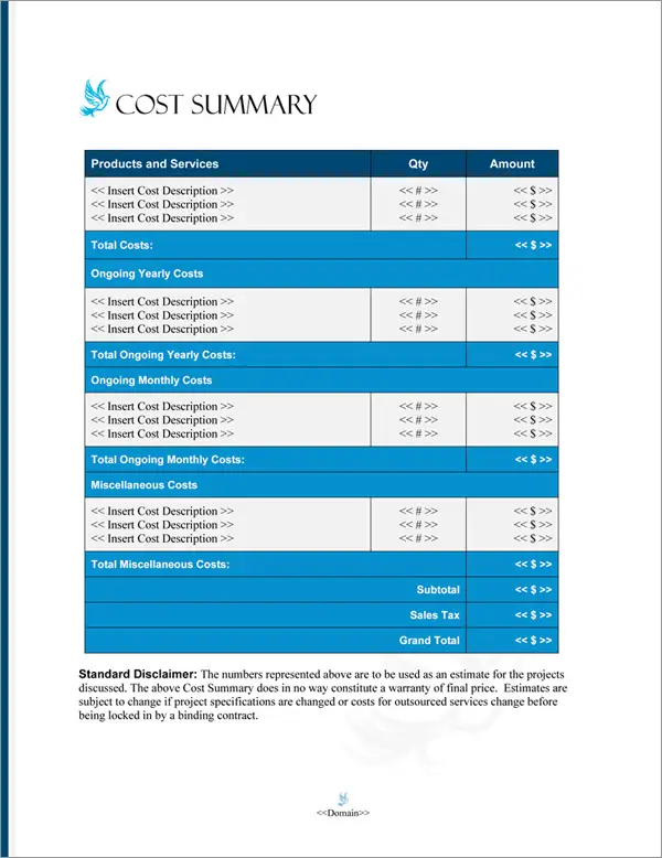 Proposal Pack Spiritual #3 Cost Summary Page