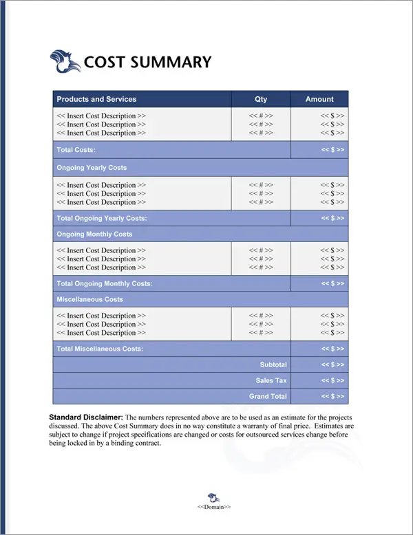 Proposal Pack Fashion #6 Cost Summary Page