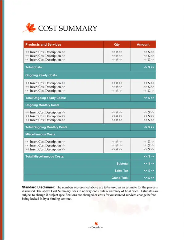 Proposal Pack Nature #8 Cost Summary Page