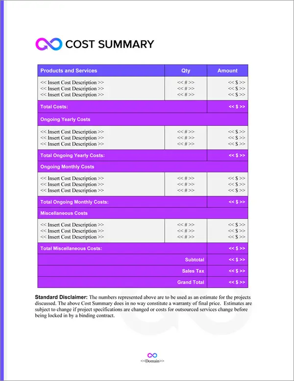 Proposal Pack Transportation #10 Cost Summary Page