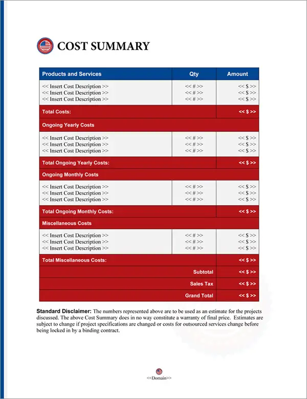 Proposal Pack Flag #7 Cost Summary Page