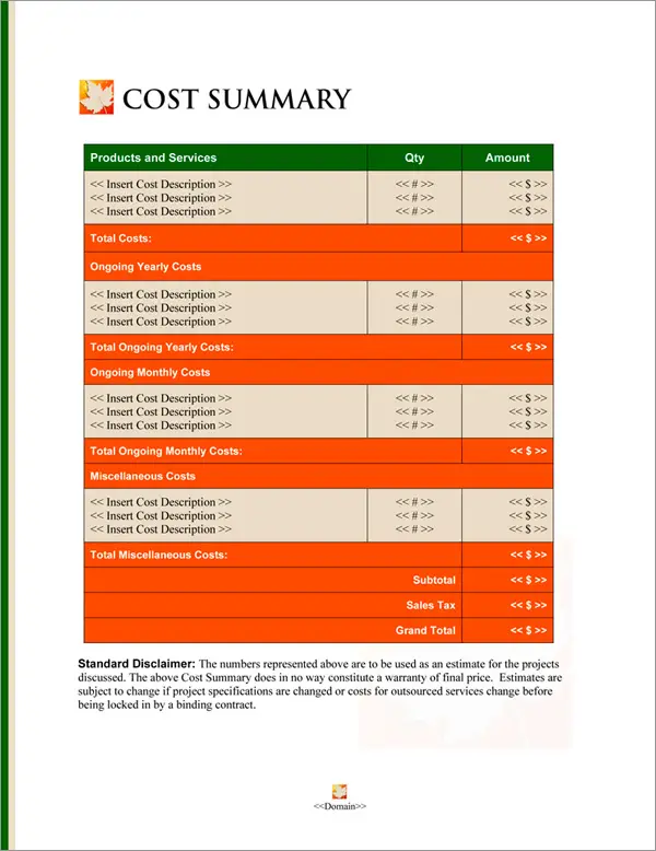 Proposal Pack Seasonal #4 Cost Summary Page