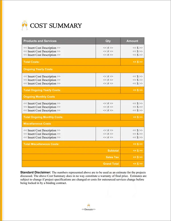 Proposal Pack Bubbles #3 Cost Summary Page