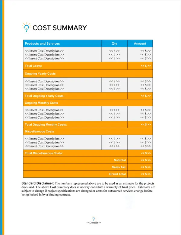 Proposal Pack Concepts #17 Cost Summary Page