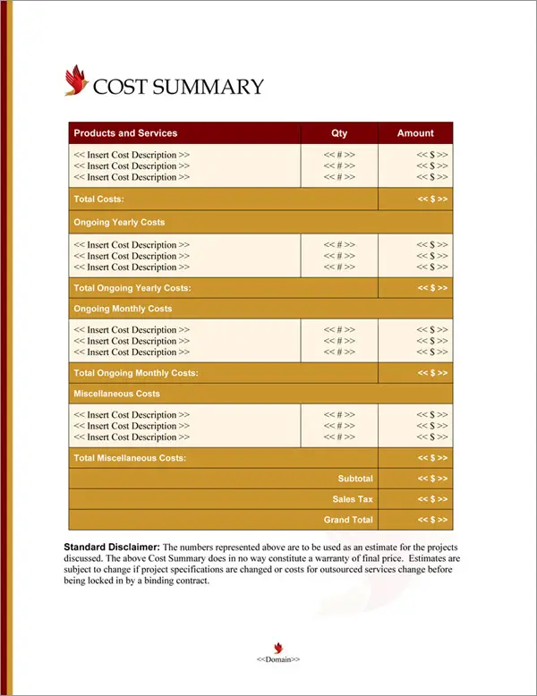 Proposal Pack Spiritual #4 Cost Summary Page