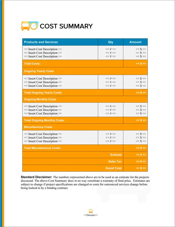 Proposal Pack Transportation #11 Cost Summary Page