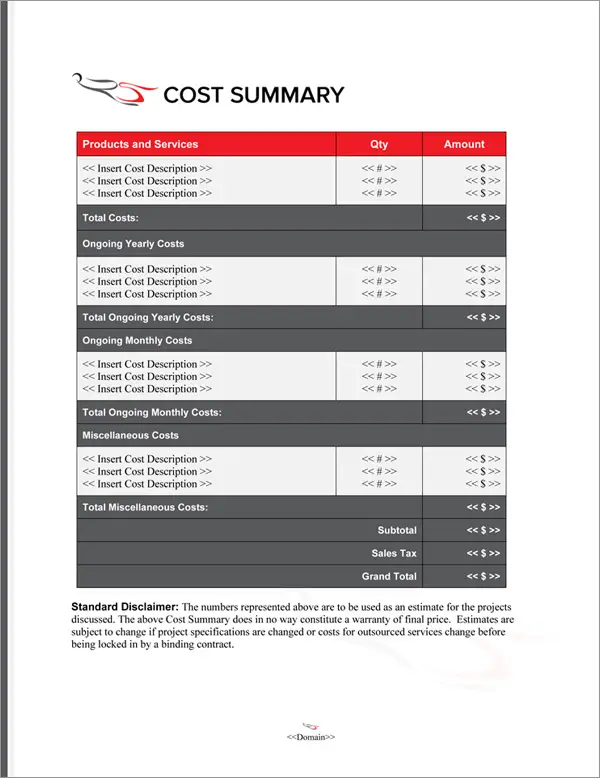 Proposal Pack Aerospace #5 Cost Summary Page