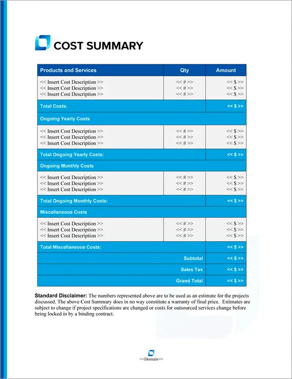 Proposal Pack Classic #19 Cost Summary Page