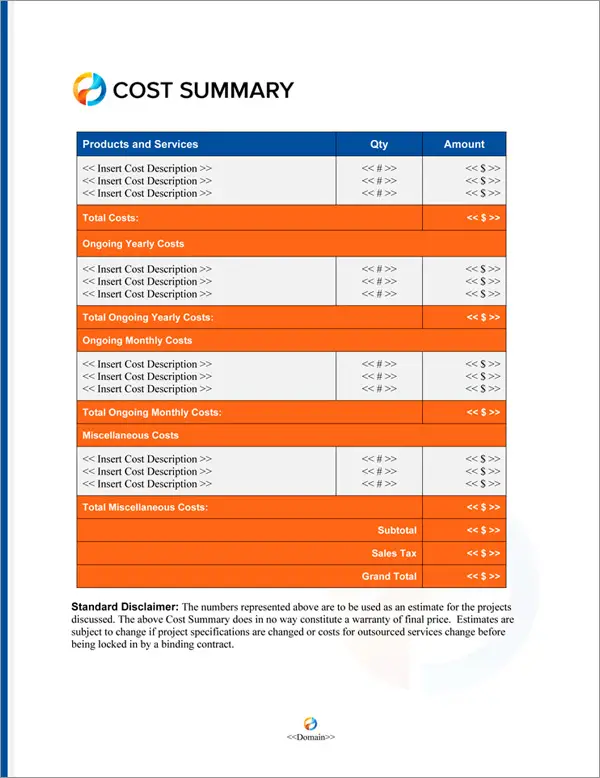 Proposal Pack Elegant #6 Cost Summary Page