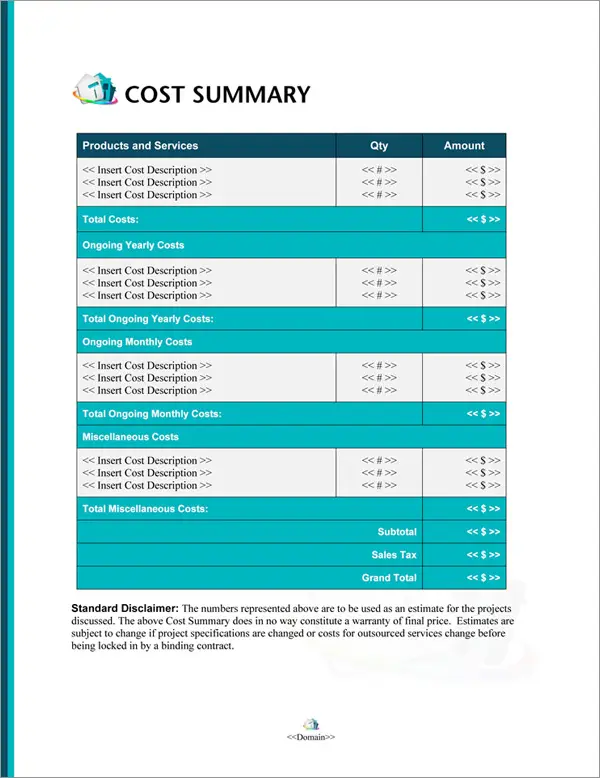 Proposal Pack Painter #3 Cost Summary Page