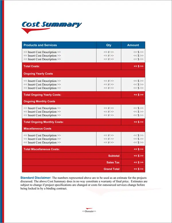 Proposal Pack Retro #2 Cost Summary Page