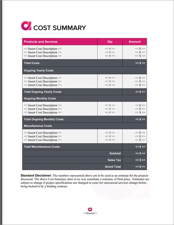 Proposal Pack Symbols #9 Cost Summary Page