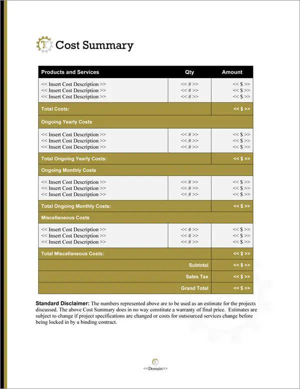 Proposal Pack Industrial #4 Cost Summary Page