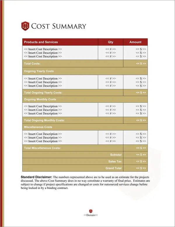 Proposal Pack Legal #2 Cost Summary Page