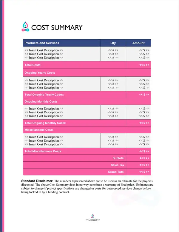 Proposal Pack Spiritual #5 Cost Summary Page