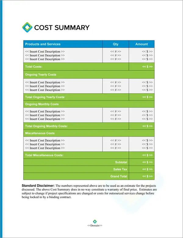 Proposal Pack Classic #20 Cost Summary Page