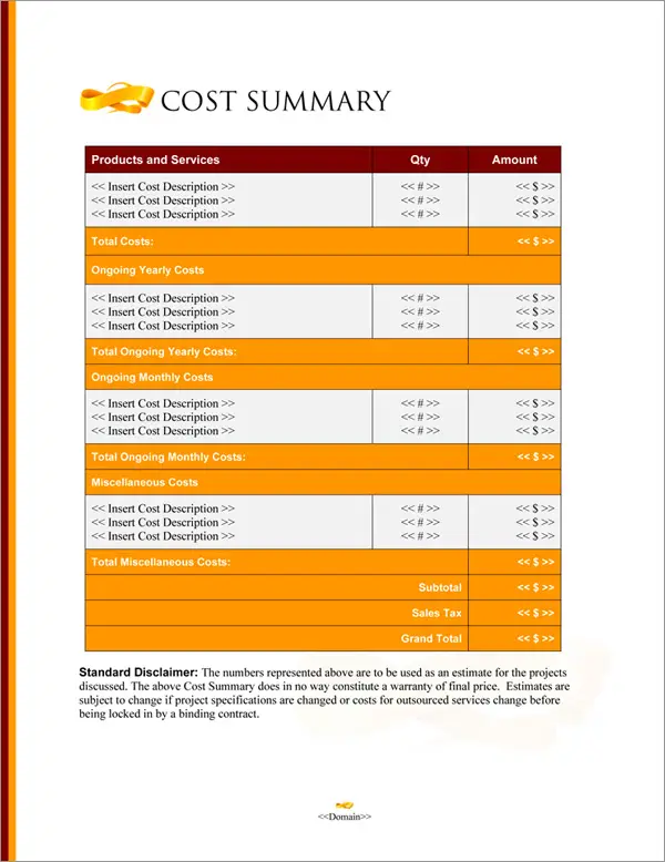 Proposal Pack Elegant #7 Cost Summary Page