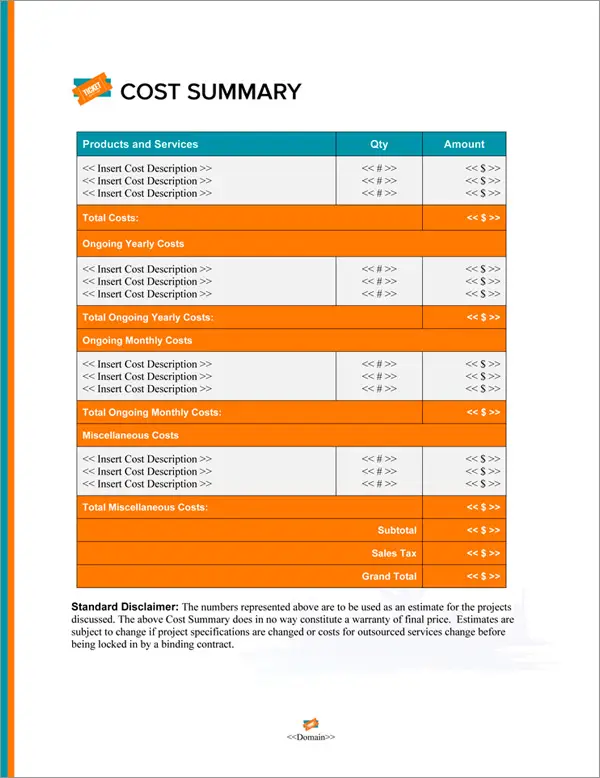 Proposal Pack Events #7 Cost Summary Page