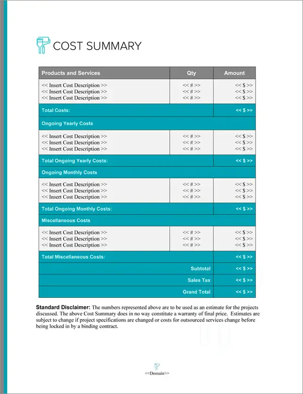 Proposal Pack Painter #4 Cost Summary Page