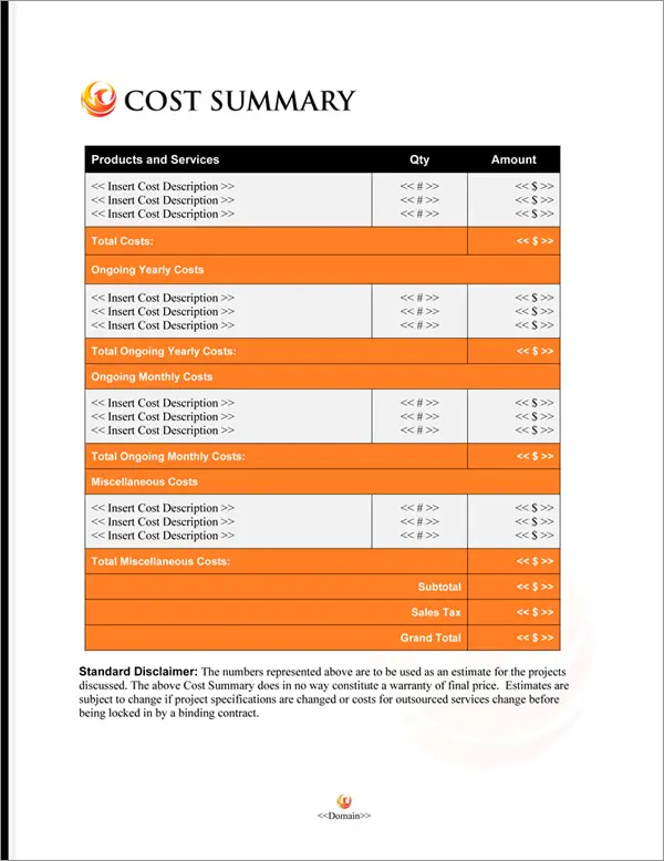 Proposal Pack Symbols #10 Cost Summary Page