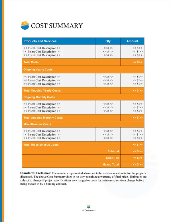 Proposal Pack Travel #4 Cost Summary Page