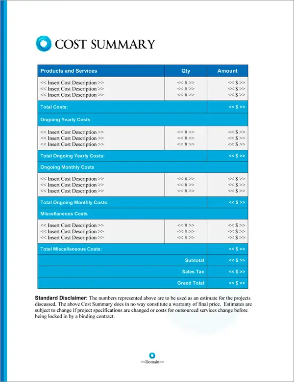 Proposal Pack Elegant #8 Cost Summary Page