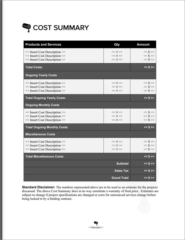 Proposal Pack Environmental #6 Cost Summary Page