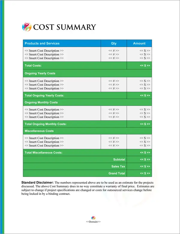 Proposal Pack Events #8 Cost Summary Page