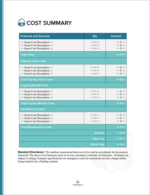 Proposal Pack Nature #10 Cost Summary Page