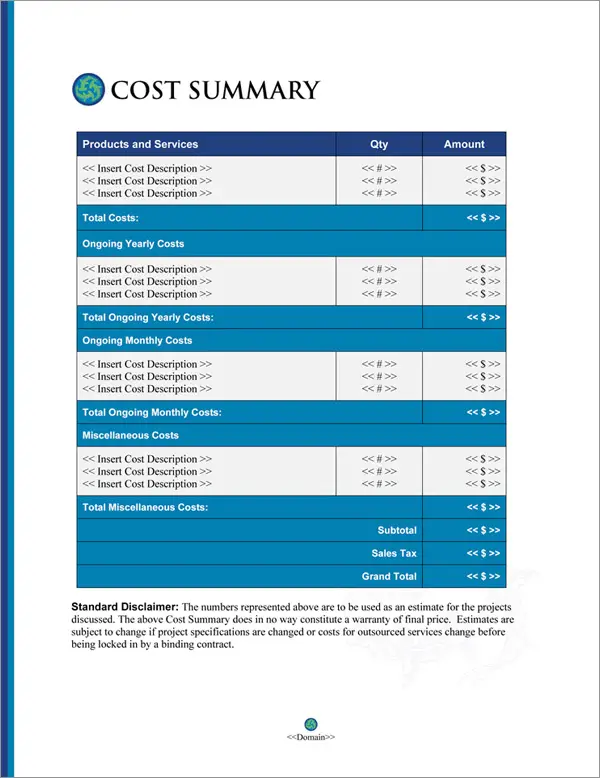 Proposal Pack Nature #11 Cost Summary Page