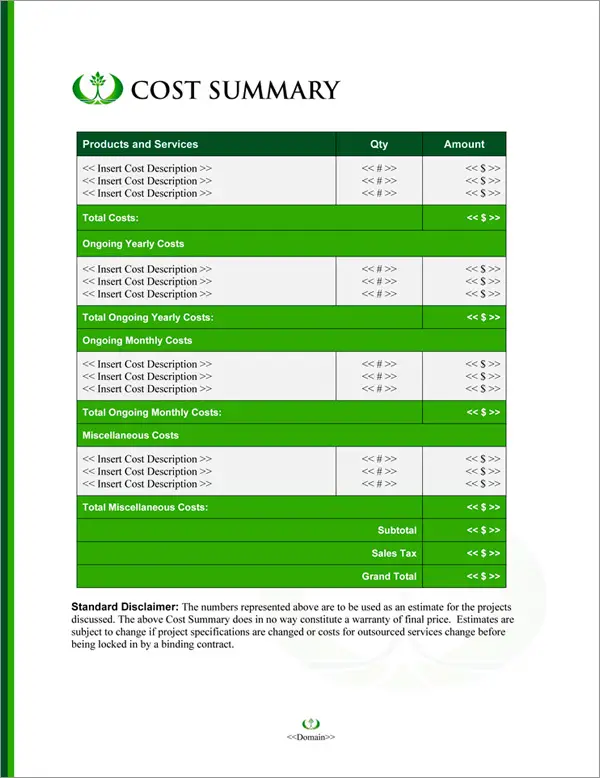 Proposal Pack Outdoors #5 Cost Summary Page