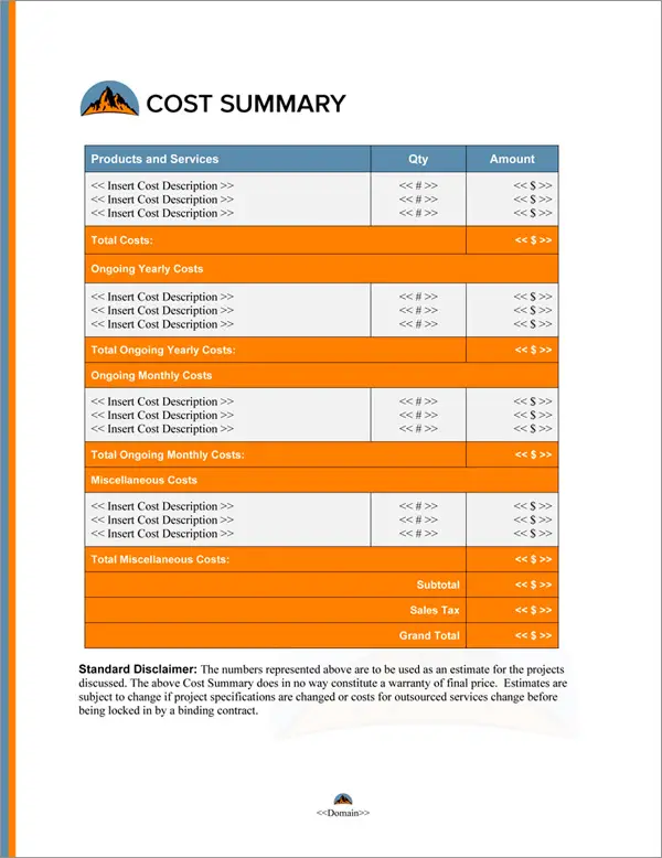 Proposal Pack Outdoors #6 Cost Summary Page