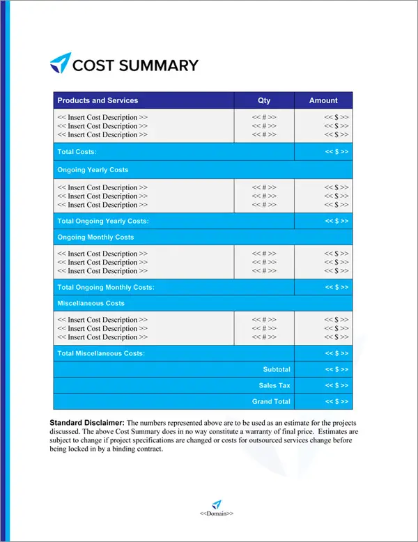 Proposal Pack Travel #5 Cost Summary Page